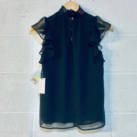NWT (XS fits S) black keyhole smocked choker ruffle sleeves tier layers blouse - Picture 2 of 12